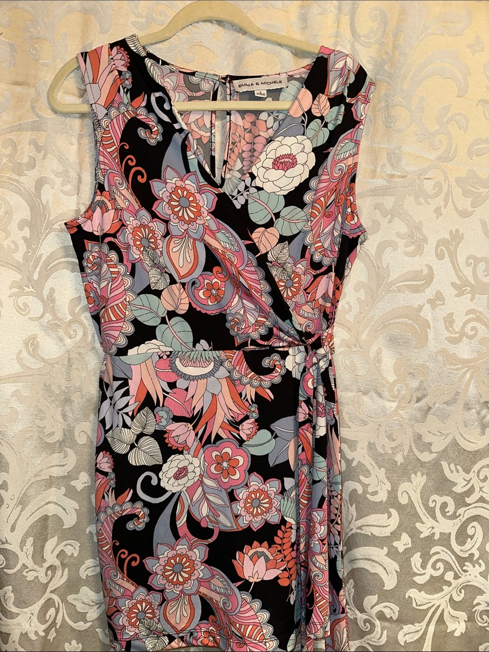 Emma & Michele Black Floral Wrap Dress with Pink & Teal Accents
